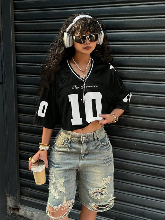 SHEIN Camiseta Muchica de 1 pieza con estampado gráfico de satén negro y paneles de malla - Quierox - Tienda Online