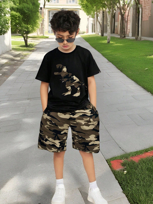 SHEIN Camiseta y pantalón corto con cordón ajustable para niño con estampado de camuflaje - Quierox - Tienda Online
