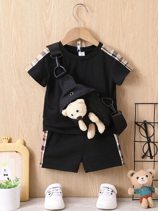 Shein Camiseta y pantalones cortos con cinta a cuadros en contraste y bolso para bebé niño - Quierox - Tienda Online