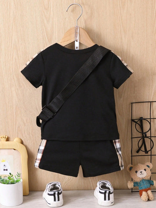 Shein Camiseta y pantalones cortos con cinta a cuadros en contraste y bolso para bebé niño - Quierox - Tienda Online