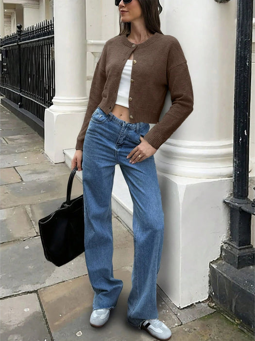 SHEIN Cárigan de Punto Corto con Botones Delanteros, Manga Larga y Cuello Redondo - Quierox - Tienda Online
