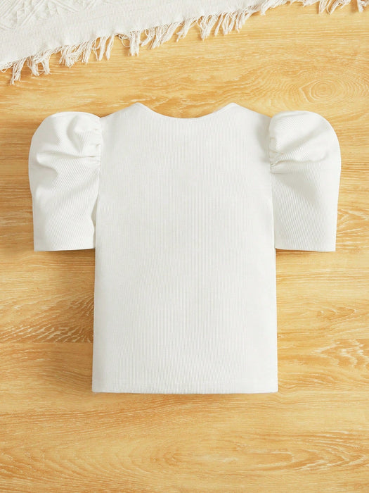 SHEIN Chica preadolescente Camiseta con cuenta de perla detalle de manga farol - Quierox - Tienda Online