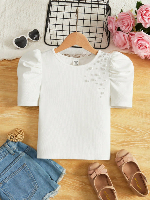 SHEIN Chica preadolescente Camiseta con cuenta de perla detalle de manga farol - Quierox - Tienda Online
