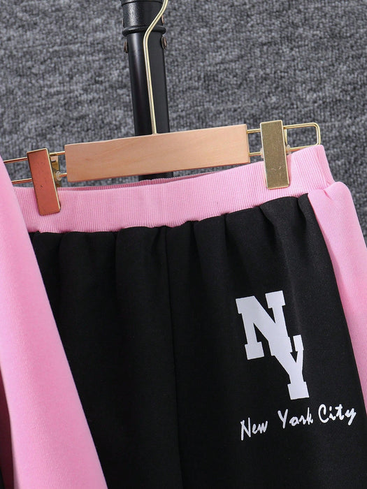 SHEIN Chica preAdolescente Cazadora con estampado de letra con capucha con pantalones - Quierox - Tienda Online
