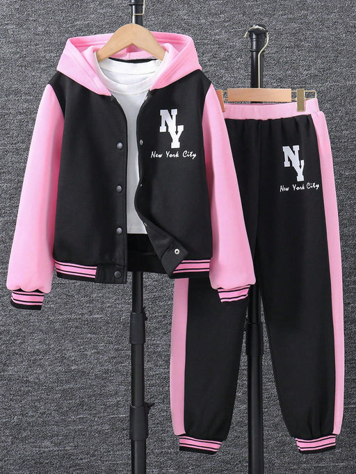 SHEIN Chica preAdolescente Cazadora con estampado de letra con capucha con pantalones - Quierox - Tienda Online