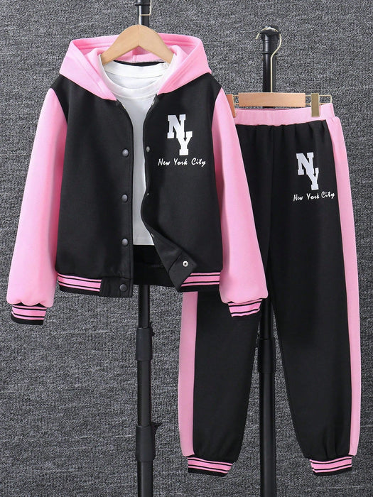 SHEIN Chica preAdolescente Cazadora con estampado de letra con capucha con pantalones - Quierox - Tienda Online