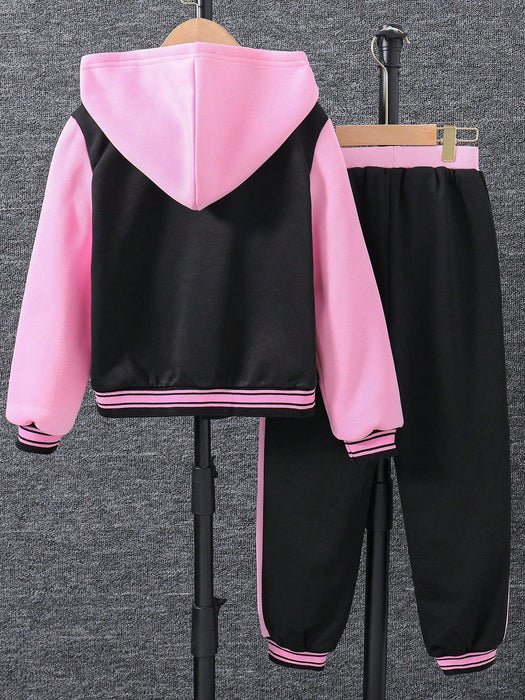 SHEIN Chica preAdolescente Cazadora con estampado de letra con capucha con pantalones - Quierox - Tienda Online
