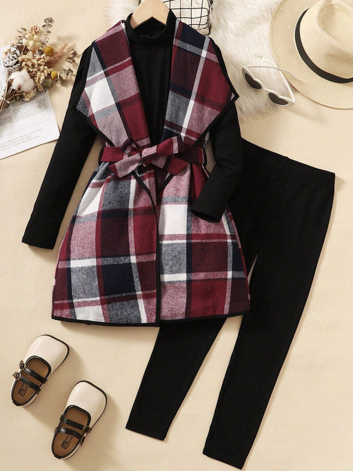 SHEIN Chica preadolescente con estampado de cuadros con cinturón Abrigo chaleco - Quierox - Tienda Online