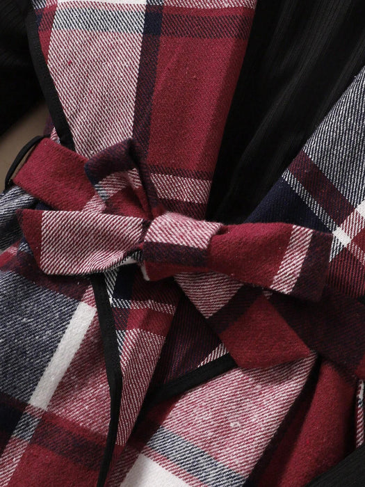 SHEIN Chica preadolescente con estampado de cuadros con cinturón Abrigo chaleco - Quierox - Tienda Online