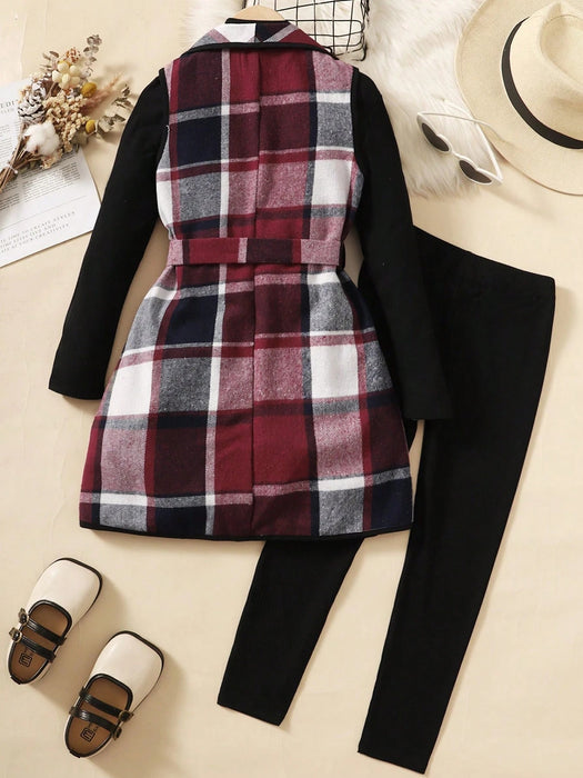 SHEIN Chica preadolescente con estampado de cuadros con cinturón Abrigo chaleco - Quierox - Tienda Online