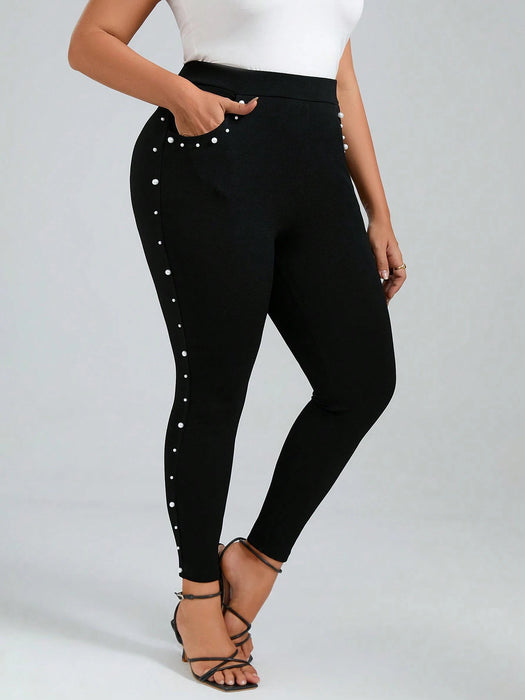 SHEIN Chikora Pantalones Delgados Ajustados Con Perlas Para Tallas Grandes - Quierox - Tienda Online