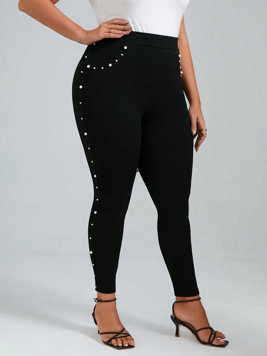 SHEIN Chikora Pantalones Delgados Ajustados Con Perlas Para Tallas Grandes - Quierox - Tienda Online