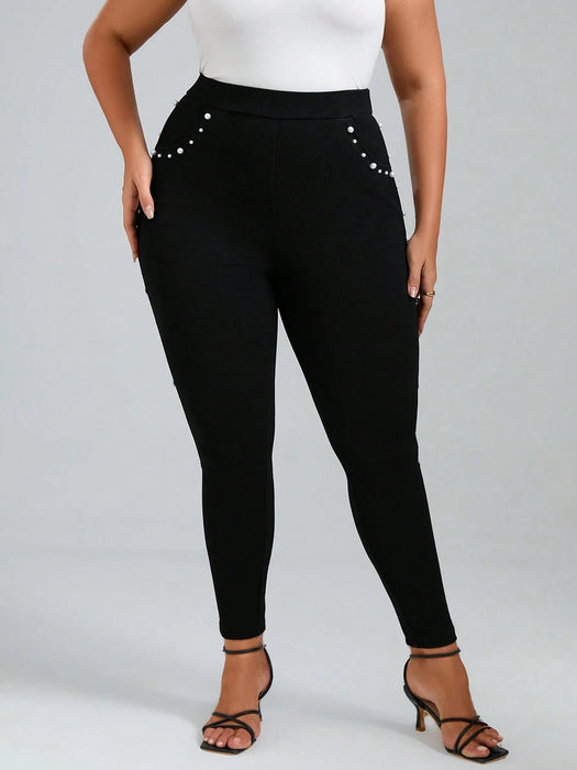 SHEIN Chikora Pantalones Delgados Ajustados Con Perlas Para Tallas Grandes - Quierox - Tienda Online