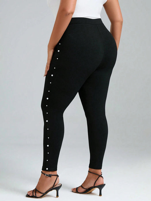 SHEIN Chikora Pantalones Delgados Ajustados Con Perlas Para Tallas Grandes - Quierox - Tienda Online