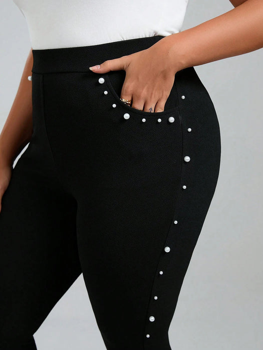 SHEIN Chikora Pantalones Delgados Ajustados Con Perlas Para Tallas Grandes - Quierox - Tienda Online