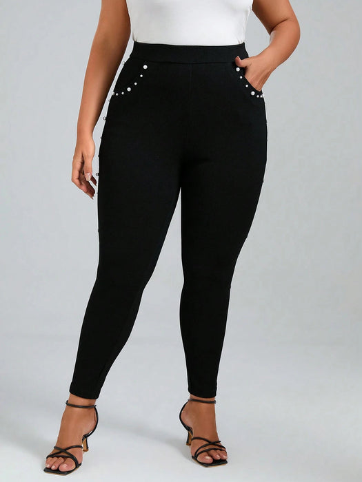 SHEIN Chikora Pantalones Delgados Ajustados Con Perlas Para Tallas Grandes - Quierox - Tienda Online
