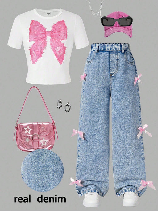SHEIN ChillGRL Conjunto de 2 piezas para preadolescentes: camiseta con lazo y jeans - Quierox - Tienda Online