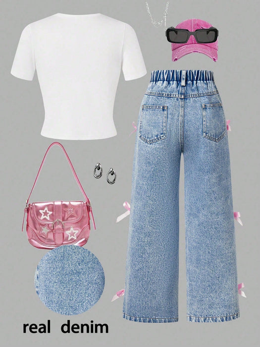 SHEIN ChillGRL Conjunto de 2 piezas para preadolescentes: camiseta con lazo y jeans - Quierox - Tienda Online