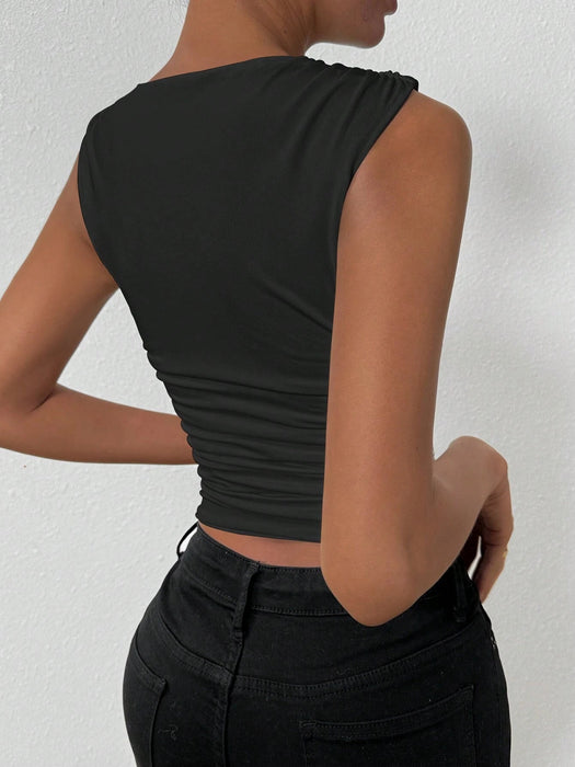 SHEIN Chiquease Top De Tanque Plisado De Cuello Redondo Para Mujeres - Quierox - Tienda Online