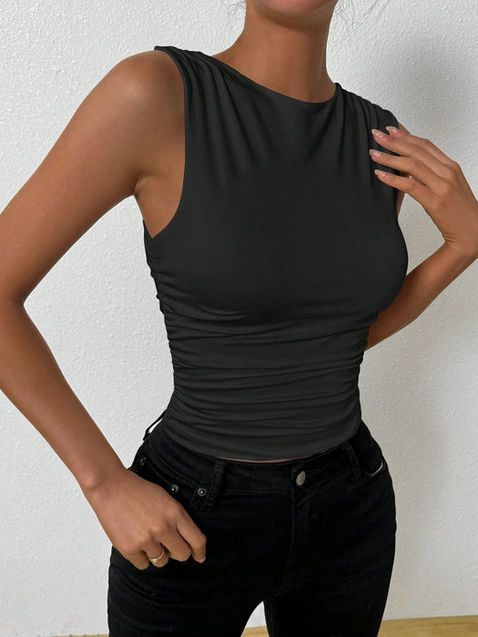 SHEIN Chiquease Top De Tanque Plisado De Cuello Redondo Para Mujeres - Quierox - Tienda Online