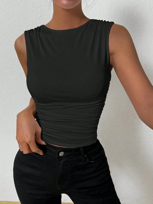 SHEIN Chiquease Top De Tanque Plisado De Cuello Redondo Para Mujeres - Quierox - Tienda Online