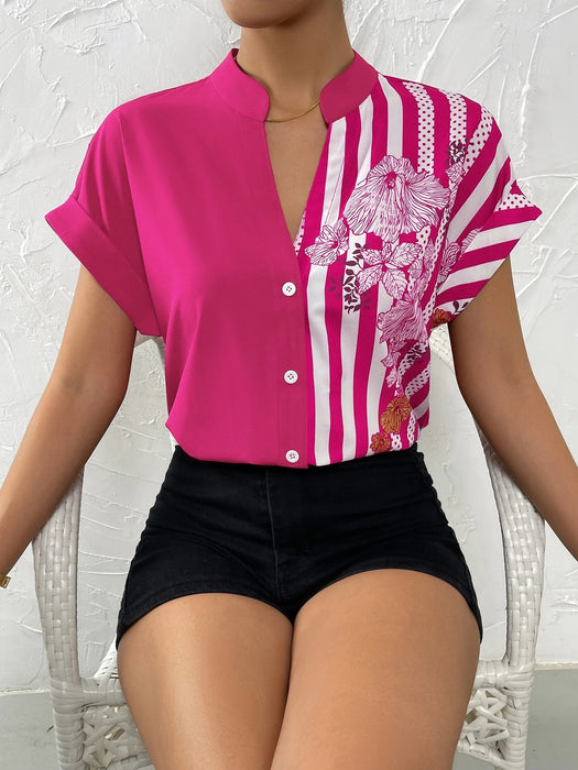 SHEIN Clasi Camicia floreale ea righe con botón - Quierox - Tienda Online