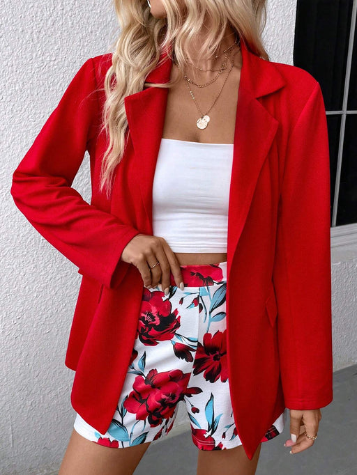 SHEIN Clasi Chaqueta informal de verano de color liso con shorts estampados de flores para mujer - Quierox - Tienda Online
