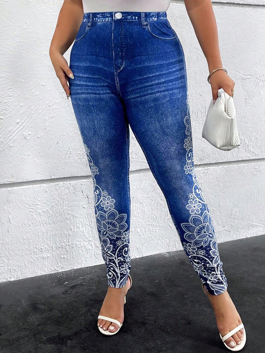 SHEIN Clasi Leggings de efecto denim y estampado floral, elegantes - Quierox - Tienda Online