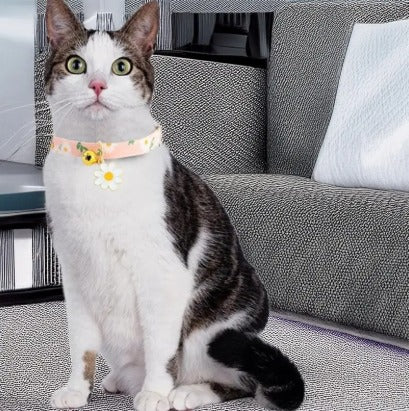 SHEIN Collar con cascabel para gato rosa ajustable con un bonito estampado de flores blancas - Quierox - Tienda Online
