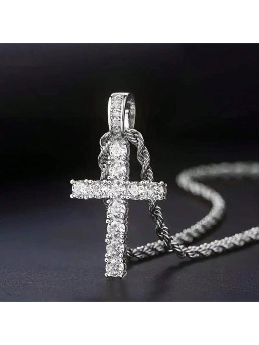 Shein Collar con colgante de cruz de circonitas microincrustadas y cadena trenzada de acero de titanio, plateada - Quierox - Tienda Online