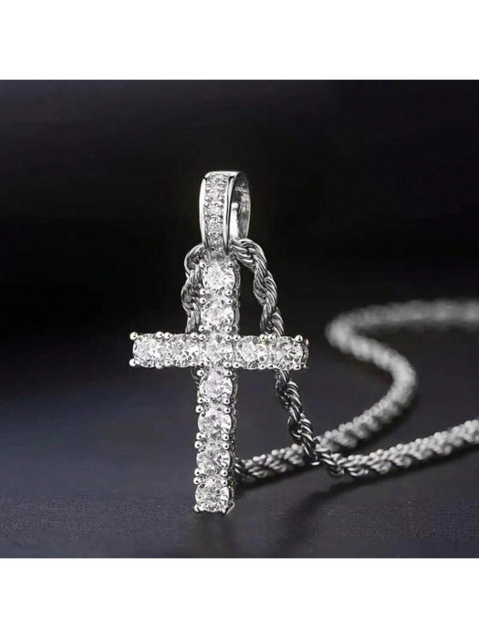 Shein Collar con colgante de cruz de circonitas microincrustadas y cadena trenzada de acero de titanio, plateada - Quierox - Tienda Online