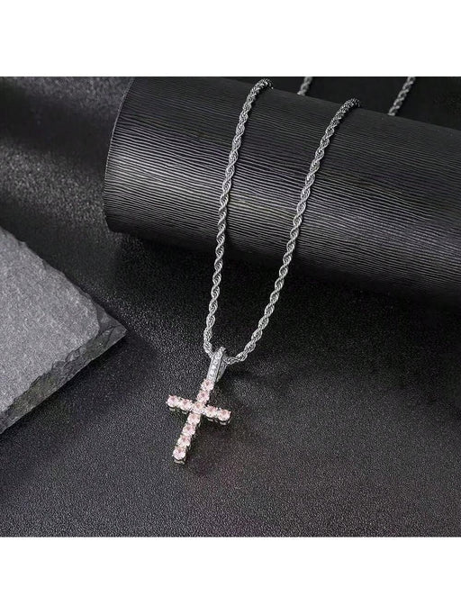 Shein Collar con colgante de cruz de circonitas microincrustadas y cadena trenzada de acero de titanio, plateada - Quierox - Tienda Online