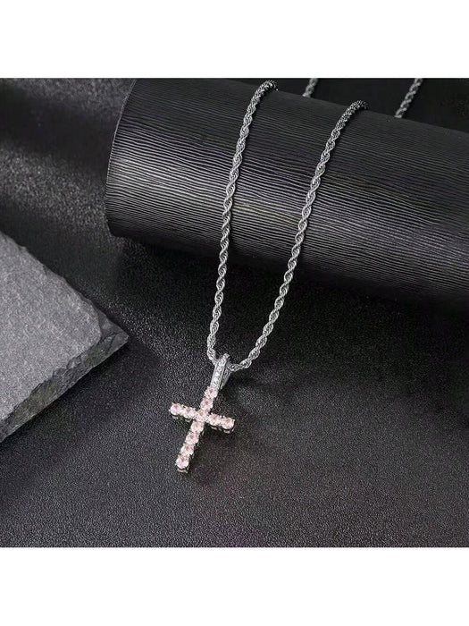 Shein Collar con colgante de cruz de circonitas microincrustadas y cadena trenzada de acero de titanio, plateada - Quierox - Tienda Online