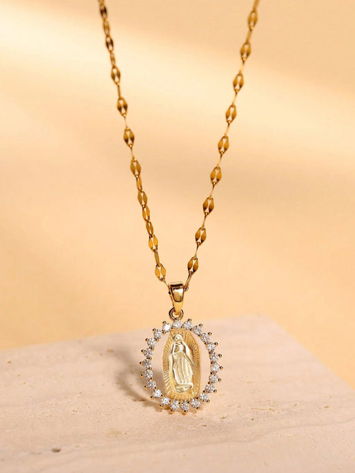 Shein Collar de la Virgen María con colgante de diamantes y circonita cúbica, cadena de acero inoxidable - Quierox - Tienda Online