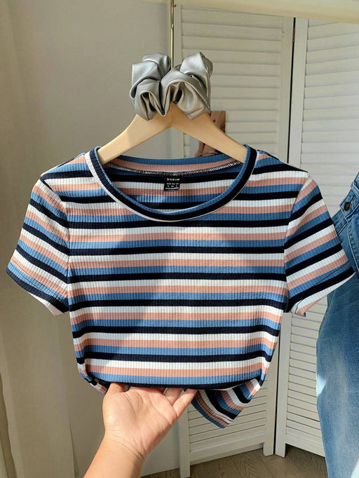 SHEIN Comfortcana Camiseta ajustada de punto a rayas de colores para mujer - Quierox - Tienda Online