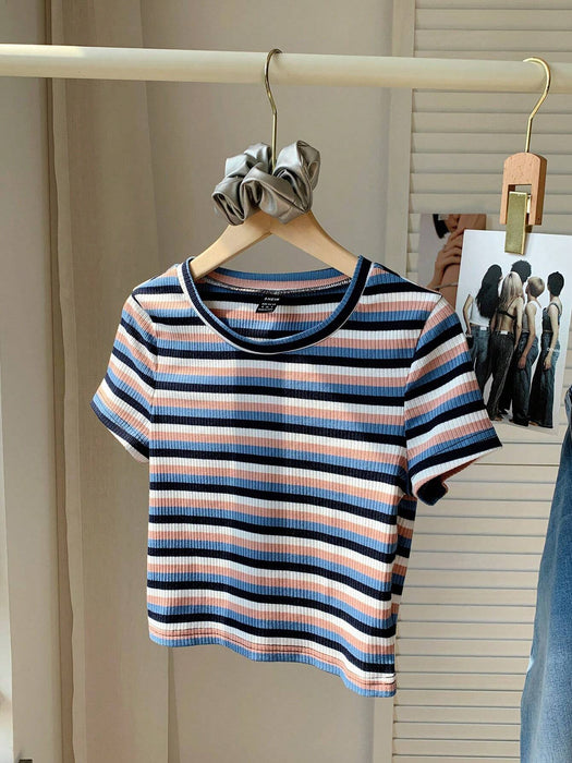 SHEIN Comfortcana Camiseta ajustada de punto a rayas de colores para mujer - Quierox - Tienda Online