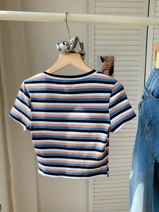 SHEIN Comfortcana Camiseta ajustada de punto a rayas de colores para mujer - Quierox - Tienda Online