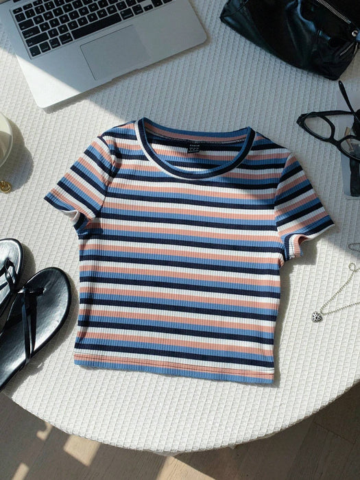 SHEIN Comfortcana Camiseta ajustada de punto a rayas de colores para mujer - Quierox - Tienda Online