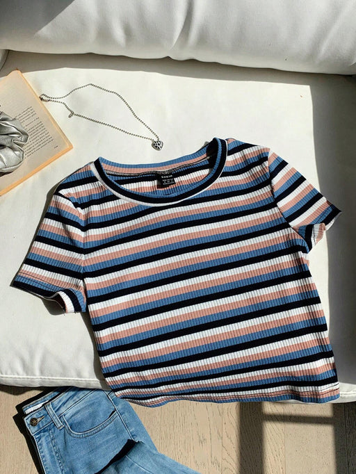 SHEIN Comfortcana Camiseta ajustada de punto a rayas de colores para mujer - Quierox - Tienda Online