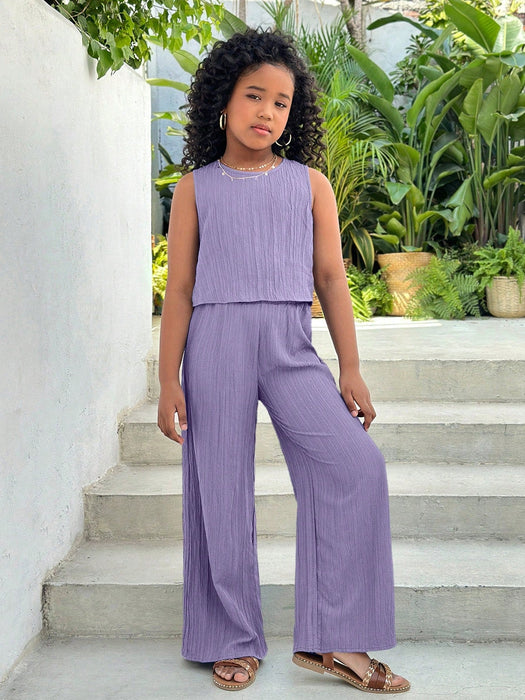SHEIN Conjunto casual de para niñas: top liso sin mangas y pantalones rectos - Quierox - Tienda Online