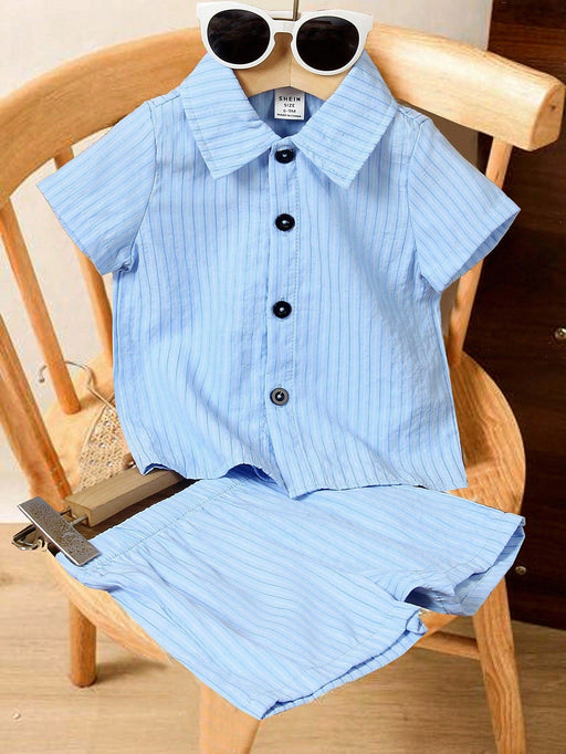 Shein Conjunto de 2 piezas de camisa a rayas y pantalones cortos texturizados - Quierox - Tienda Online