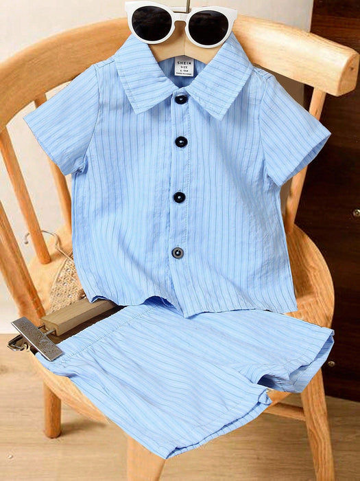Shein Conjunto de 2 piezas de camisa a rayas y pantalones cortos texturizados - Quierox - Tienda Online