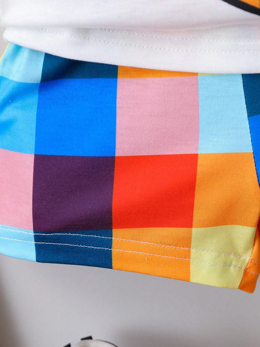 Shein Conjunto de 2 piezas de camiseta con estampado de oso y pantalones cortos a cuadros - Quierox - Tienda Online