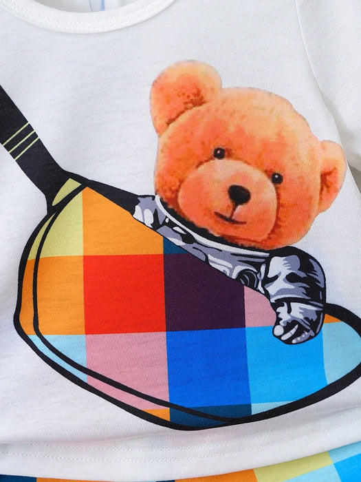 Shein Conjunto de 2 piezas de camiseta con estampado de oso y pantalones cortos a cuadros - Quierox - Tienda Online