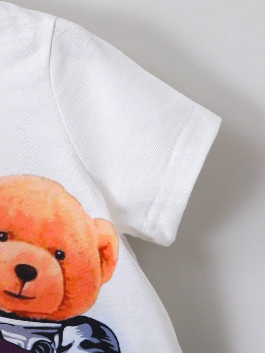 Shein Conjunto de 2 piezas de camiseta con estampado de oso y pantalones cortos a cuadros - Quierox - Tienda Online