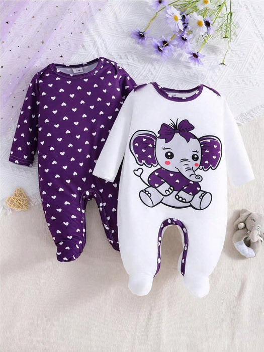 SHEIN Conjunto de 2 piezas de mono de manga larga con estampado de corazón y elefante para bebé niña - Quierox - Tienda Online