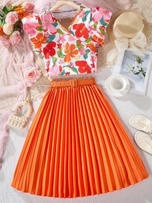 Shein Conjunto de piezas de top con volantes y falda plisada con