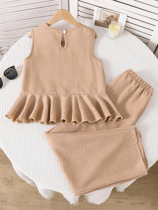 SHEIN Conjunto de 2 piezas para niñas de top sin mangas con volantes + pantalones de pierna ancha - Quierox - Tienda Online
