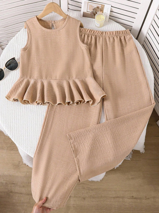 SHEIN Conjunto de 2 piezas para niñas de top sin mangas con volantes + pantalones de pierna ancha - Quierox - Tienda Online