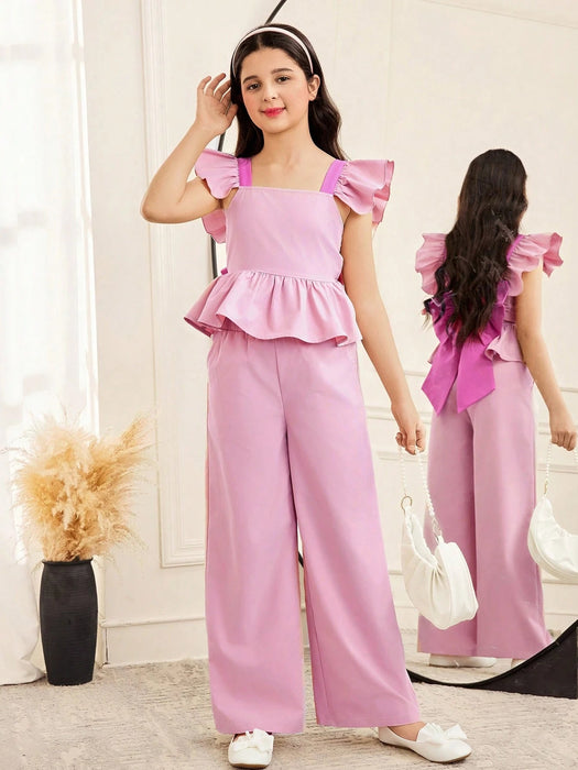 SHEIN Conjunto de 2 piezas para niñas preadolescentes: camisa y pantalón con volantes - Quierox - Tienda Online